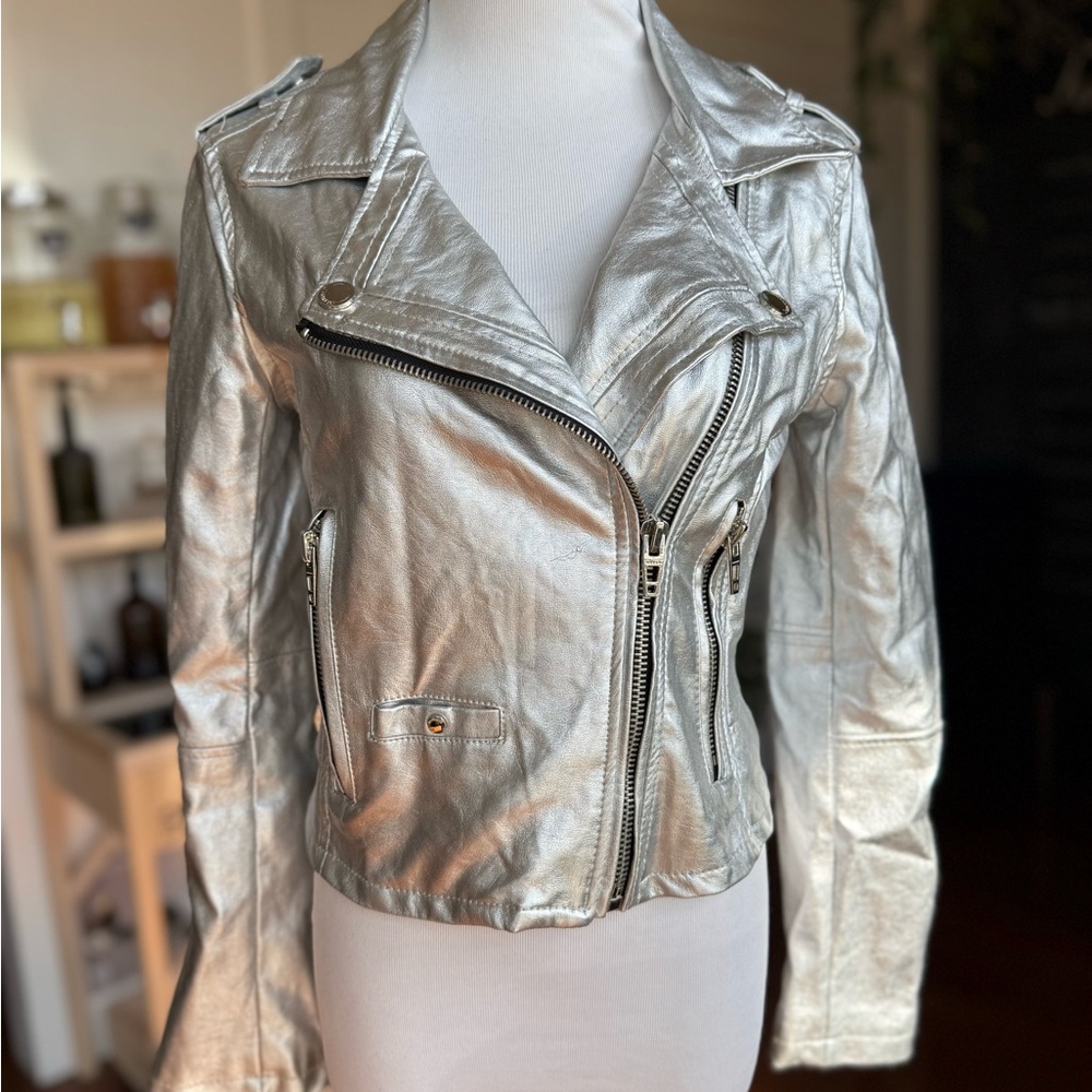 Never Worn BLANKNYC Silver Metallic Moto Vegan Leather Women's Jacket- XS